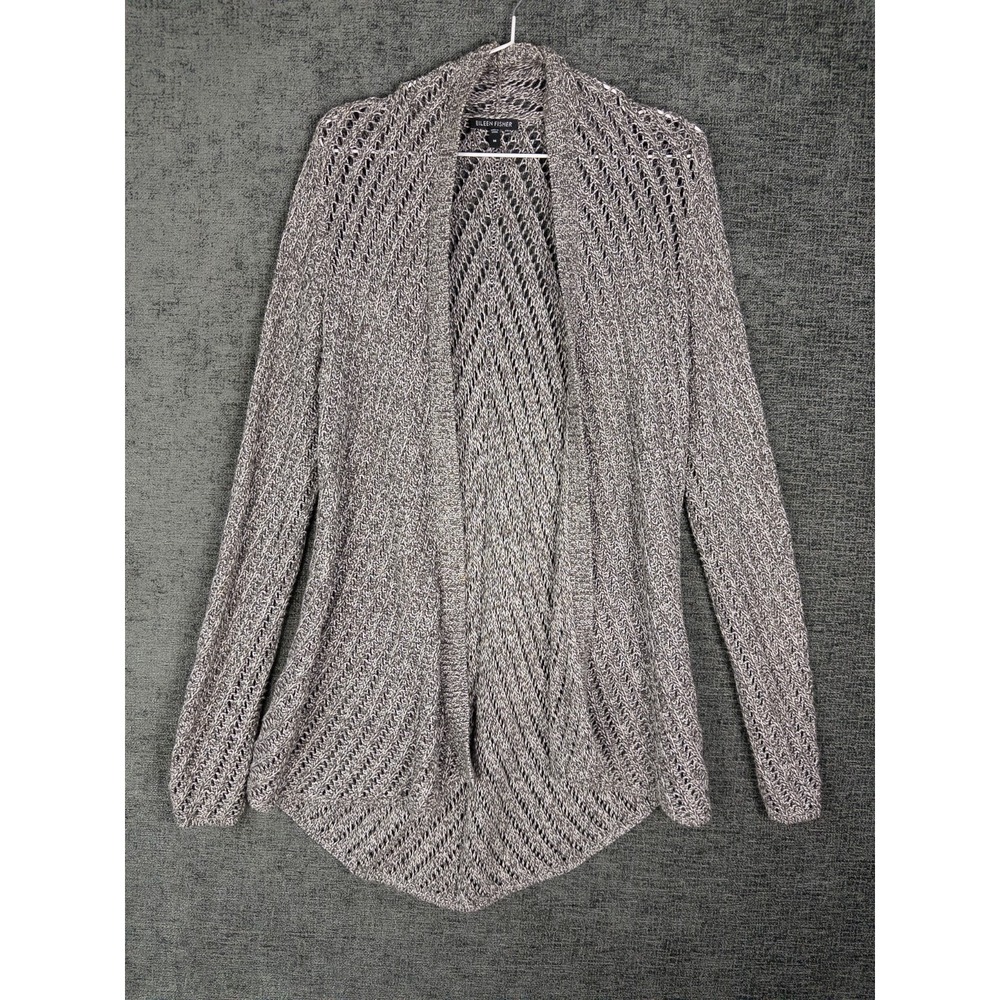 Eileen Fisher Cardigan Womens M Gray Crochet‎ Long Open Front Cotton Minimalist
